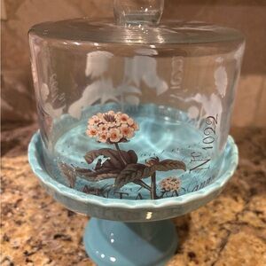 Floral Glass Cake Stand with Blue Base